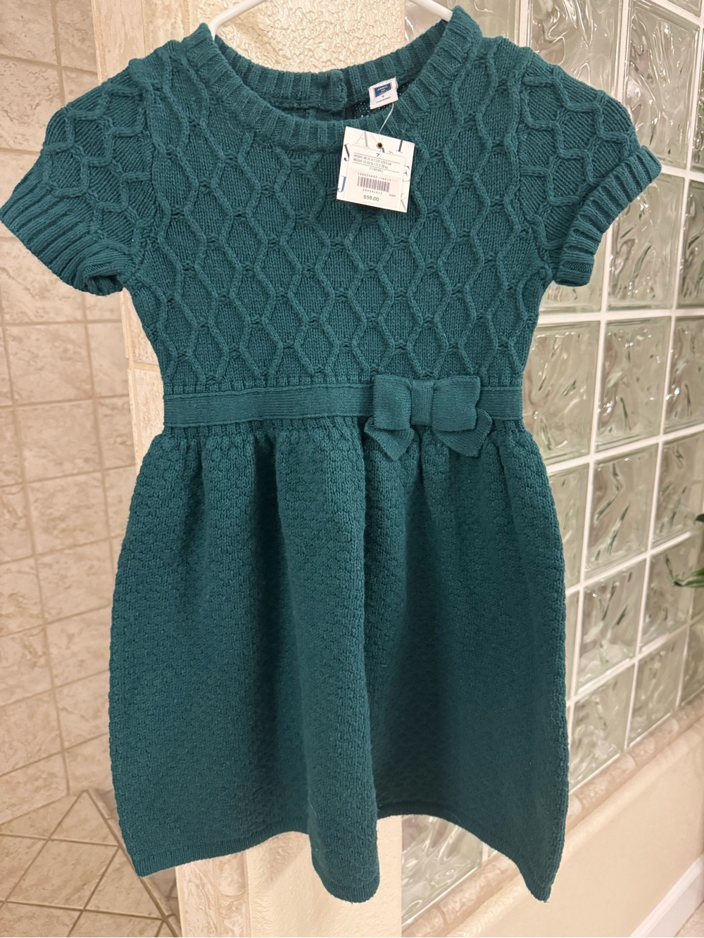 Janie and Jack 7 Pine Green Holiday Knit Bow-Accent Short Sleeve sweater Dress